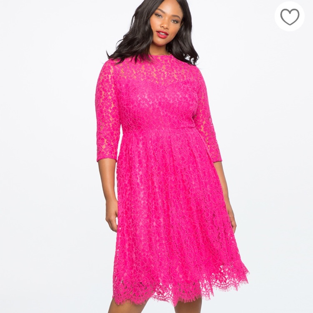 Eloquii - Hot Pink, Lace, Fit & Flare Dress